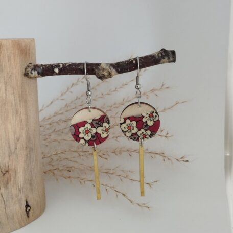 boucles d'oreilles Sakura, bois et tissu upcyclé