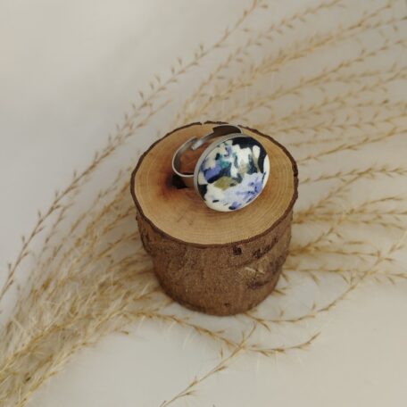 bague acier motif bleus fleuris